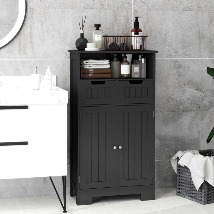 MOTHINESSTO3727-Meuble Bas de Salle de Bain Multi-rangements Grande Niche 2 tiroirs Placard Double Porte avec étagère Noir