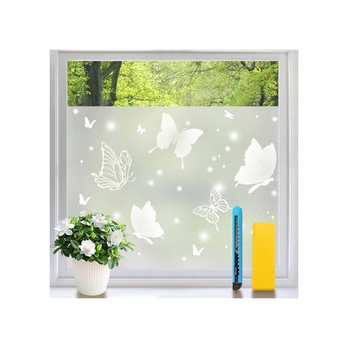 Film pour vitrage sans adhésif — Motif papillons givrés — Bloque les rayons UV favorise la lumière naturelle — 30 x 200 cm