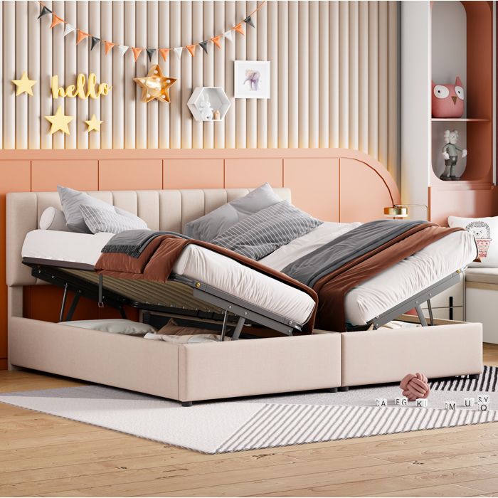 Lit double multifonction 180x200 cm en lin beige canapé-lit avec coffre de rangement et mécanisme hydraulique