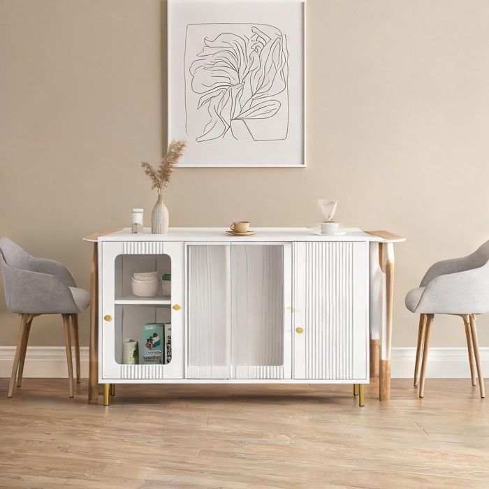 Buffet design soft white et doré avec table extensible rabattable et surface pivotante L 116 cm