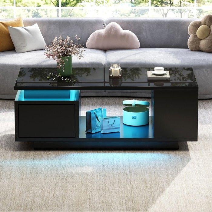 Table basse - MINIMAL - MINIMAL HOME - 100x50x36 cm - Brillant noir - LED USB & tiroir Table basse - MINIMAL - MINIMAL HOME - 100x50x36 cm - Brillant noir - LED USB & tiroir