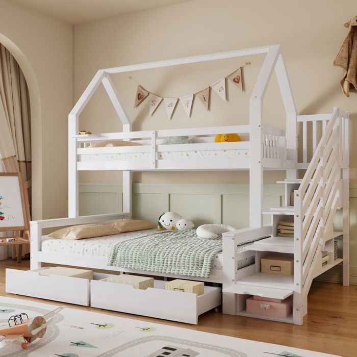 Lit superposé 90x200 + 140x200 cm -  lit enfant cabane avec 2 tiroirs - escalier de rangement - 2 sommiers inclus - blanc