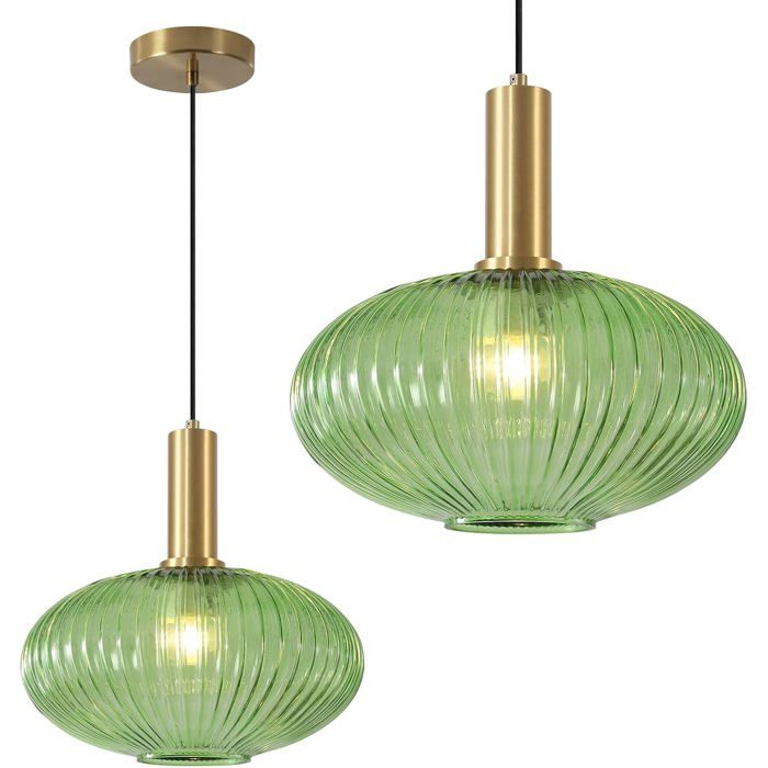 Suspension en verre - PZCC - Suspension sphérique 30 cm - Verre soufflé vert - Laiton doré brossé - Câble réglable