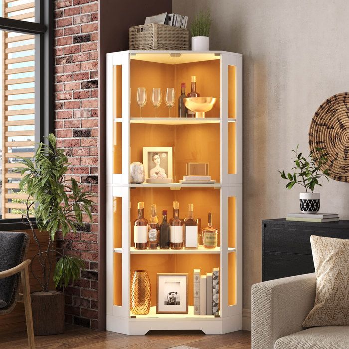 Colonne de cuisine vitree 4 portes 2 etageres reglables et LED - ELVMI - Push to open MDF blanc 40×40×165 cm