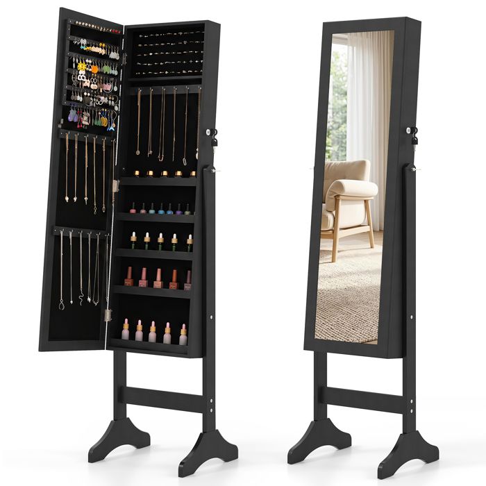 Armoire à Bijoux sur Pieds COSTWAY avec Miroir Pleine Longueur Porte Verrouillable Kits Anti-basculement 40 x 36 x 156 cm Noir