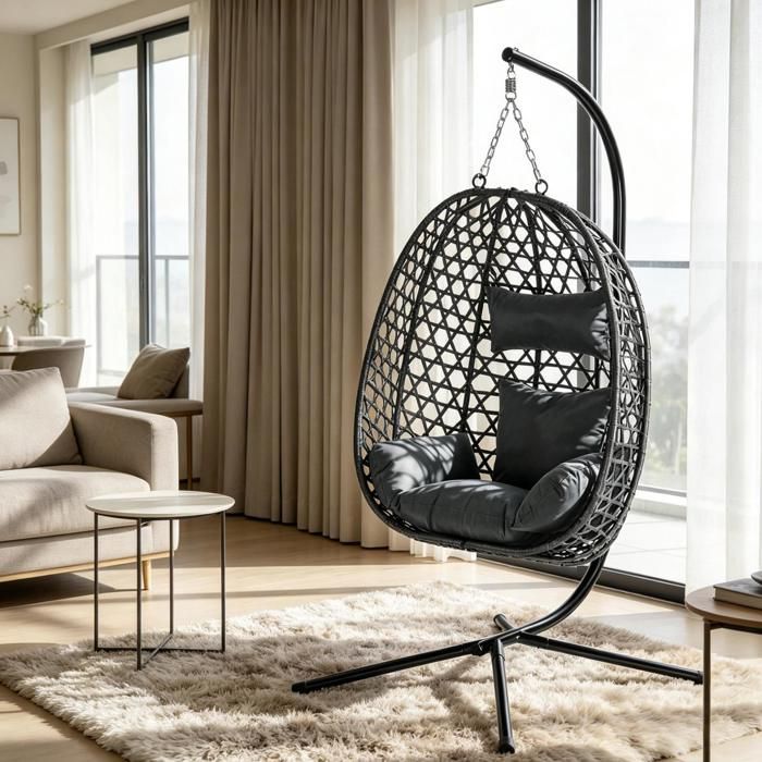 MEUBLIV Fauteuil suspendu oeuf avec support hauteur reglable rotin PE et metal 105 x 105 x 195 cm gris fonce