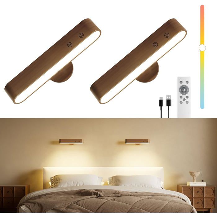 Applique murale LED sans fil 7500 mAh bois noyer télécommande rotation 360° 3 couleurs dimmables + 15 RGB éclairage intérieur