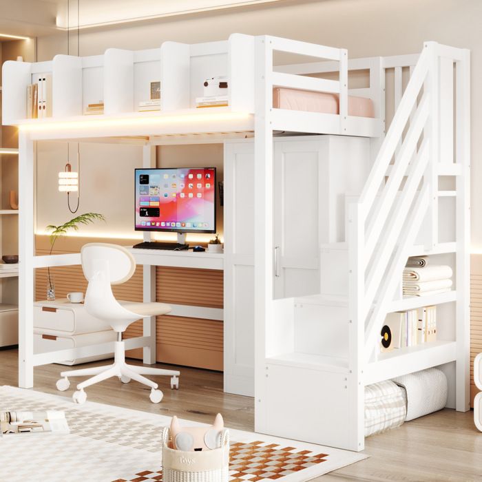 Lit Mezzanine avec Bureau Armoire et Echelle de Rangement - TCQPZ - LED et Prise Integree - Bois - Blanc