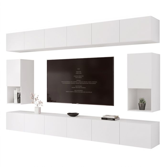 Ensemble Meuble TV ANGEL LINE IV - Colonnes murale - 14 portes - LED intégré - Blanc mat