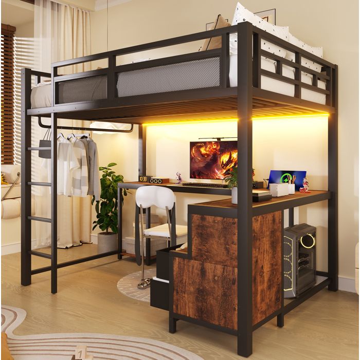 Lit Mezzanine 140x200 Noir Loft Industriel FloraGrace Pour Chambre Bureau Rangements LED USB 208x148x170cm