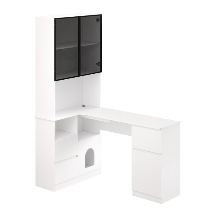 Bureau d’angle 120×80×180 cm avec vitrine LED étagère passe-câble 3 tiroirs 2 portes compartiment pour animaux