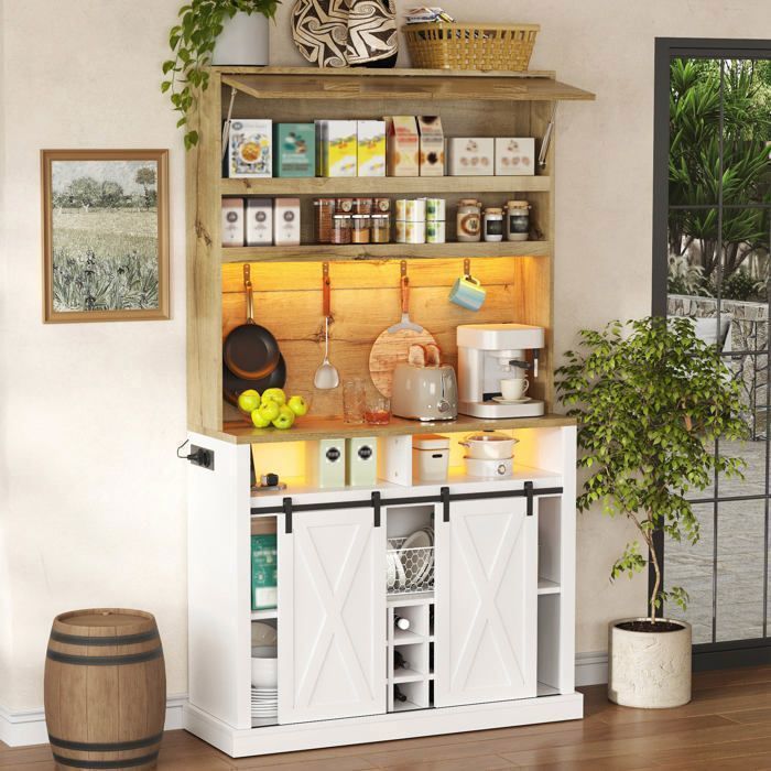 Buffet de Cuisine - 110 x 40 x 191 cm - Vaisselier Haut - avec LED - Prise - Portes Coulissantes - Porte-Bouteilles et Crochets Buffet de Cuisine - 110 x 40 x 191 cm - Vaisselier Haut - avec LED - Prise - Portes Coulissantes - Porte-Bouteilles et Crochets