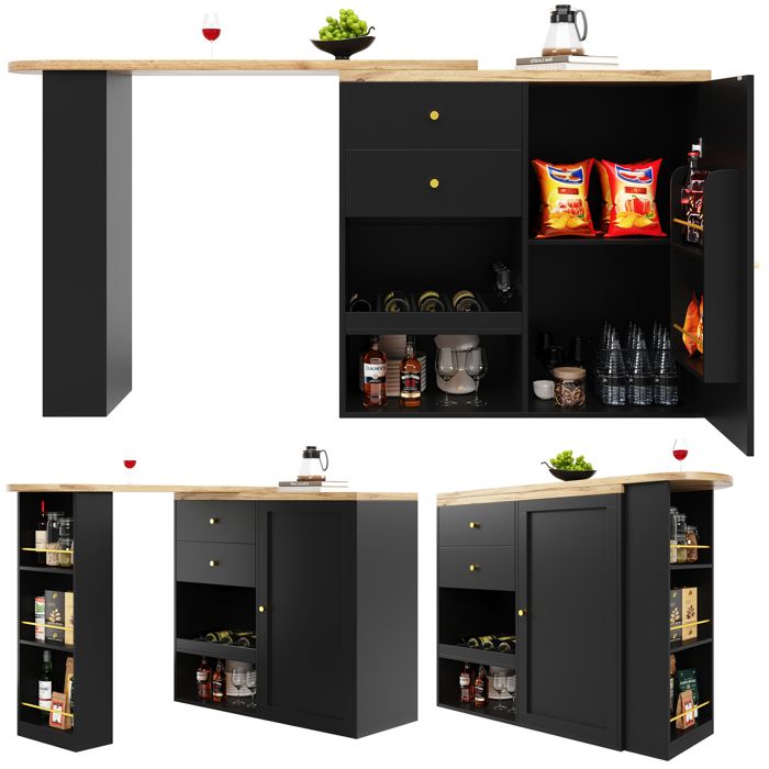 COZHYESS Table de Bar 105x39x102 Table Haute Table Bistro Rotative avec 2 Tiroirs 5 compartiments 1 Porte Noir