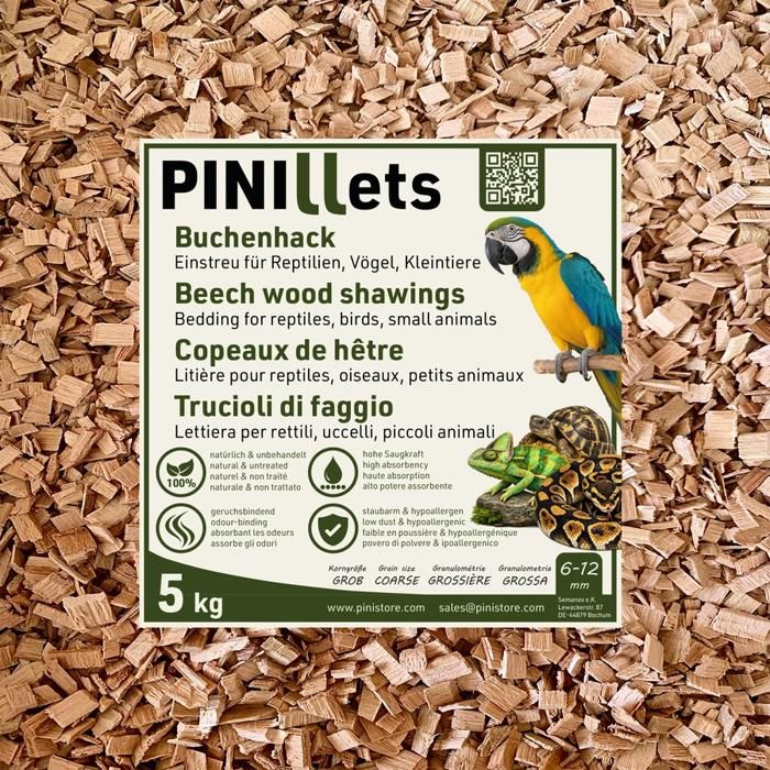 PINI Copeaux de Hêtre 5 kg/20 L – Substrat Grossier Hygiénique Peu Poussiéreux Reptiles Oiseaux Petits Animaux Terrariums