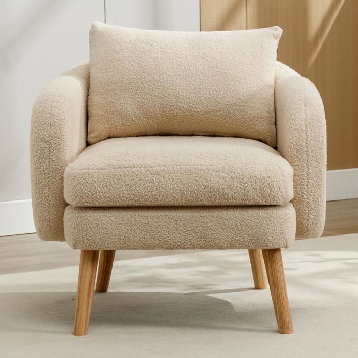 Fauteuil - KOMHTOM - Teddy Velours - Siège extra épais - Coussin inclus - Pieds bois massif Fauteuil - KOMHTOM - Teddy Velours - Siège extra épais - Coussin inclus - Pieds bois massif