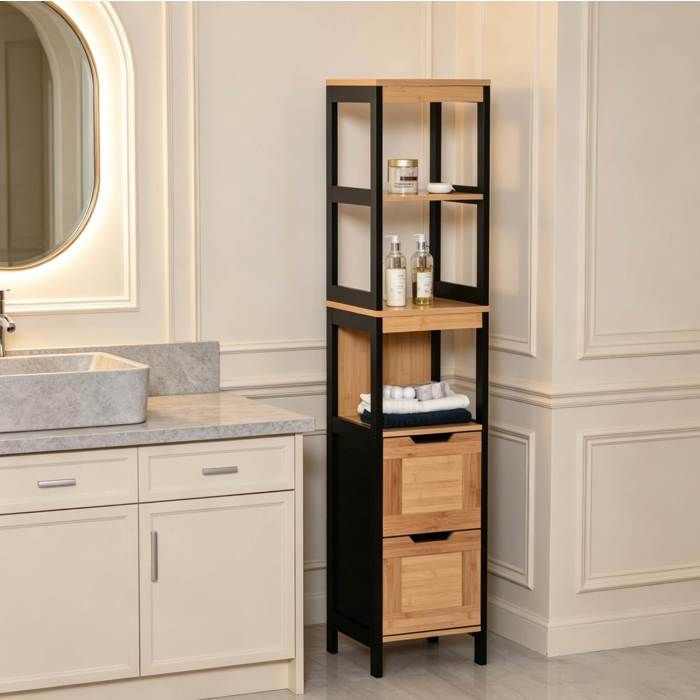 Colonne de salle de bain armoire haute 30 x 30 x 1443 cm 3 étagères 2 tiroirs anti-basculement bambou noir TYNQER