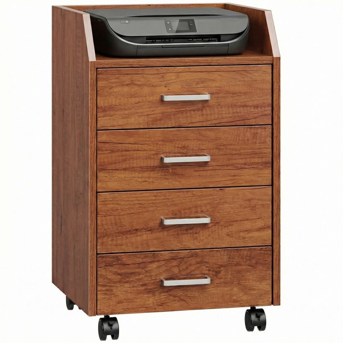 Commode de bureau à roulettes 4 tiroirs bois marron 40x36x65 cm pour bureau et chambre Commode de bureau à roulettes 4 tiroirs bois marron 40x36x65 cm pour bureau et chambre