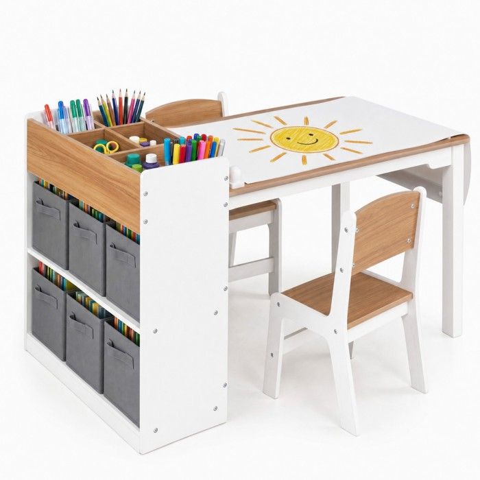 GIANTEX Bureau Enfant avec 2 Chaises Pieds en Pin Table à Dessin avec Rouleau de Papier Bibliothèque 6 Bacs en Tissu pour 3-6 Ans