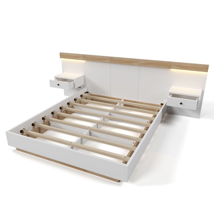 Lit double 140x200 cm décor chêne Sonoma et blanc 2 chevets avec LED USB et USB-C sommier sans matelas