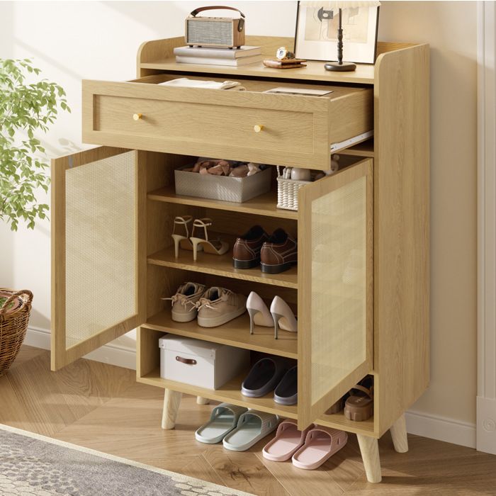 COVREO Meuble à chaussures 80 x 35 x 105 cm 2 portes 4 étagères 1 tiroir chêne clair