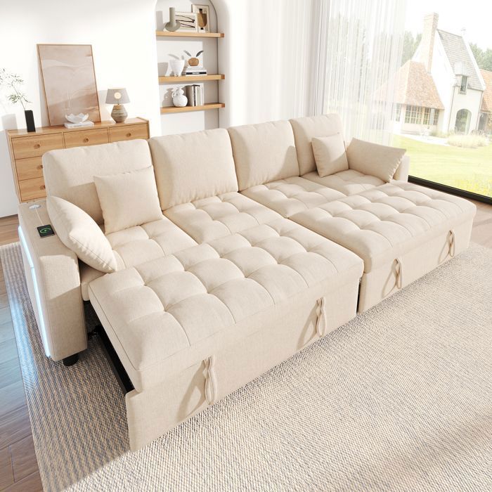 Canapé Convertible 4 Places en L avec LED et USB Canapé dangle avec Dossier Réglable et 2 Lit Gigogne Indépendant Canapé Lit Beige