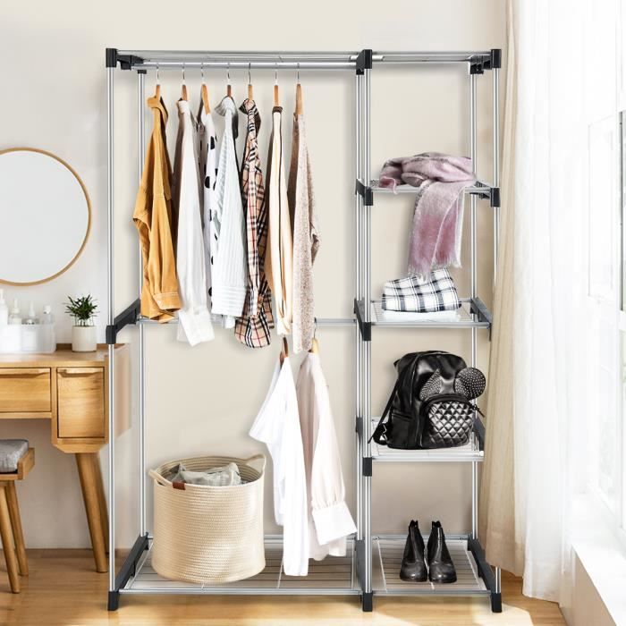 COSTWAY Portant / Penderie pour Vêtement en Métal 117 x 50 x 172 CM avec 5 Etagères de Rangement et 2 Barres pour Porte-Manteaux Arg
