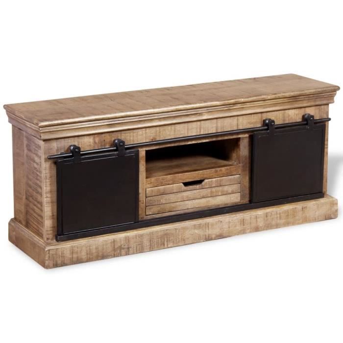 Meuble TV KAI avec 2 portes coulissantes en Bois de manguier massif - Vintage - Laqué Meuble TV KAI avec 2 portes coulissantes en Bois de manguier massif - Vintage - Laqué