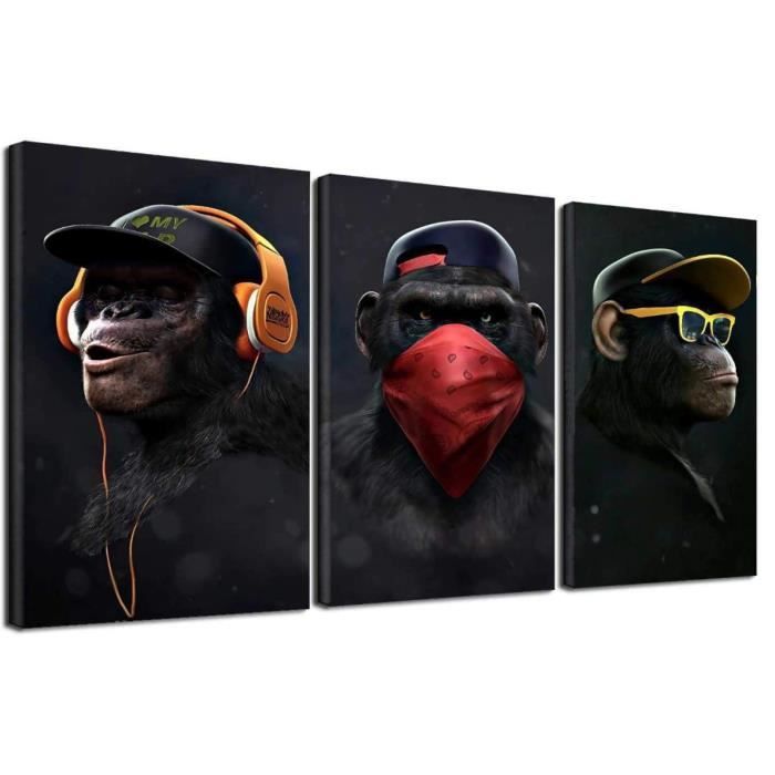 Tableau 3 Singes Sages Pop Art - Toile Moderne Cool Décoration Murale Salon, Sans Cadre 70x110cm (27.6x43.3")