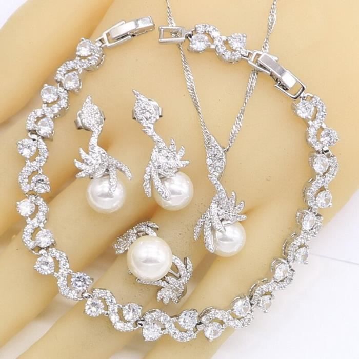 Bijoux de mariage en perles blanches argent 925, ensembles de boucles d' oreilles, collier pendentif, bague, Bracelet*SD1104