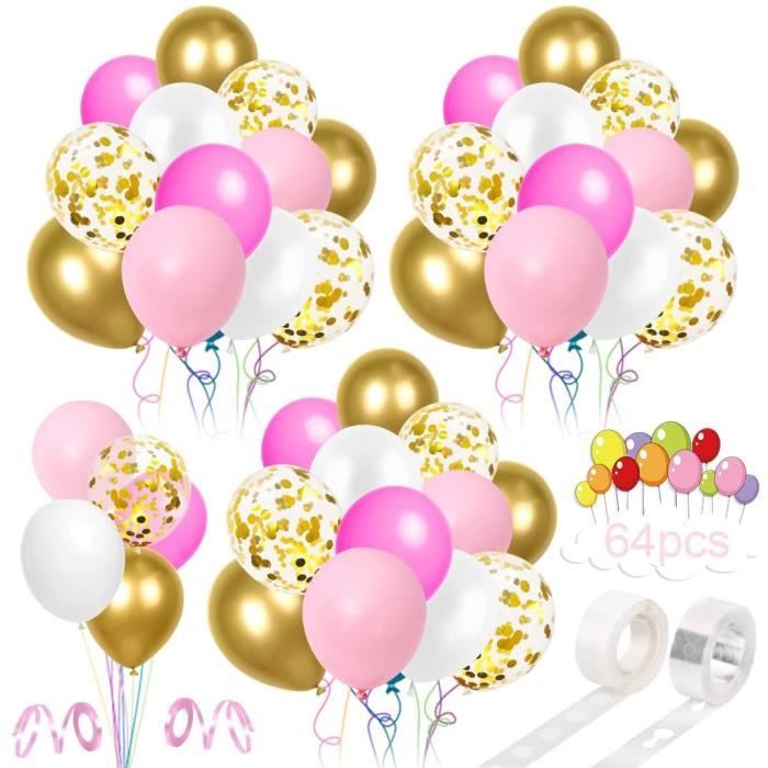 64 pièces ballons rose blanc fuchsia or,ballons de mariage, ballon helium  gonflable pour anniversaire happy birthday baptême [A431]