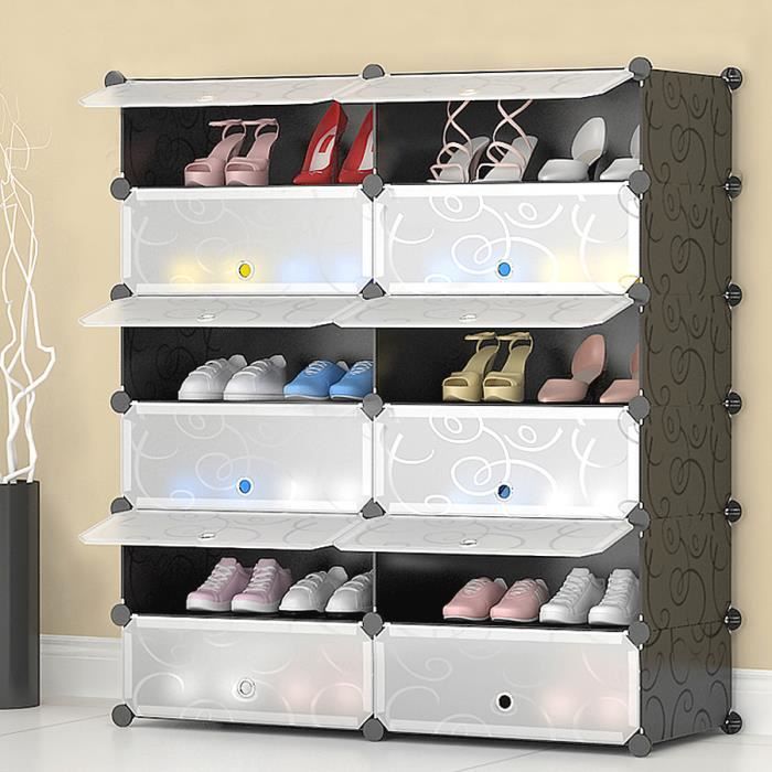 Meuble à Chaussures Etagère Avec Portes Plastique 12 Cubes - Noir - Contemporain - Design