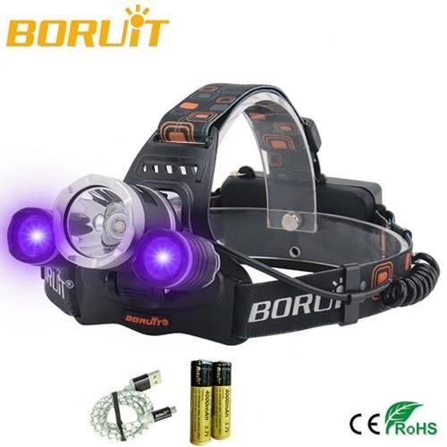 lampe frontale UV Violet 6000lm + 2 x XPE 395nm 3 modes chargeur USB pour recherche et pêche