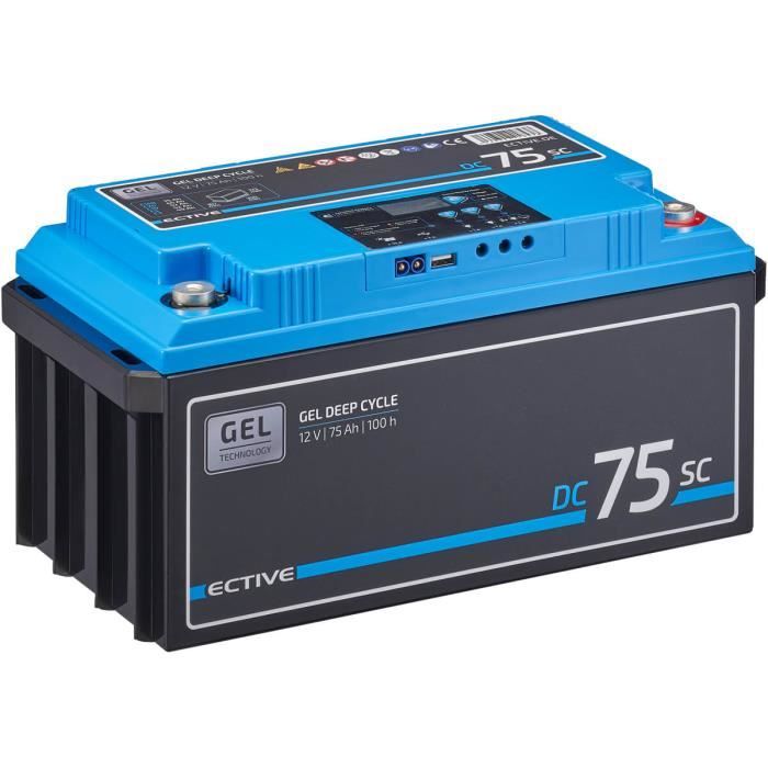 ECTIVE EDC75SC Batterie Décharge Lente Deep Cycle 12V 75Ah Gel avec PWM-Chargeur et Ecran LCD 350 x 167 x 173 mm