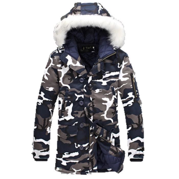 Parka homme Camouflage hiver epaississement Capuche a col en fourrure Parka homme Moyen et long Parka Loisirs de mode de rue Bleu