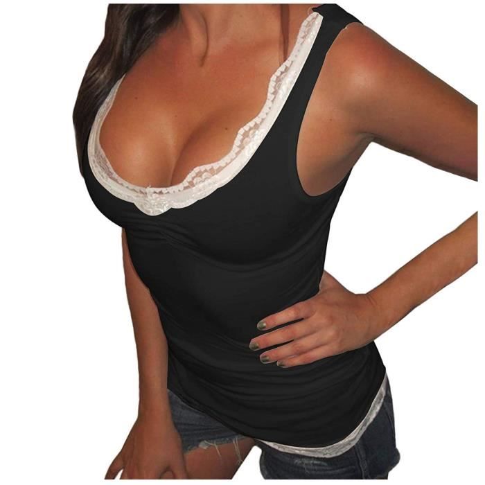 Maillot De Corps Femme Caraco Dentelle XXL - Noir, Coton, Col En U, Sans Manches - 8