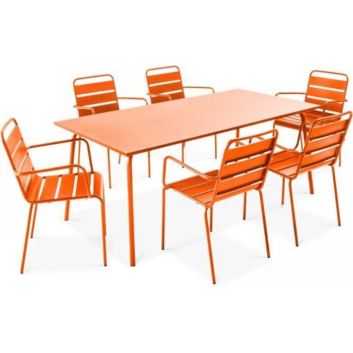 salon de jardin en acier - table et 6 fauteuils - palavas- orange