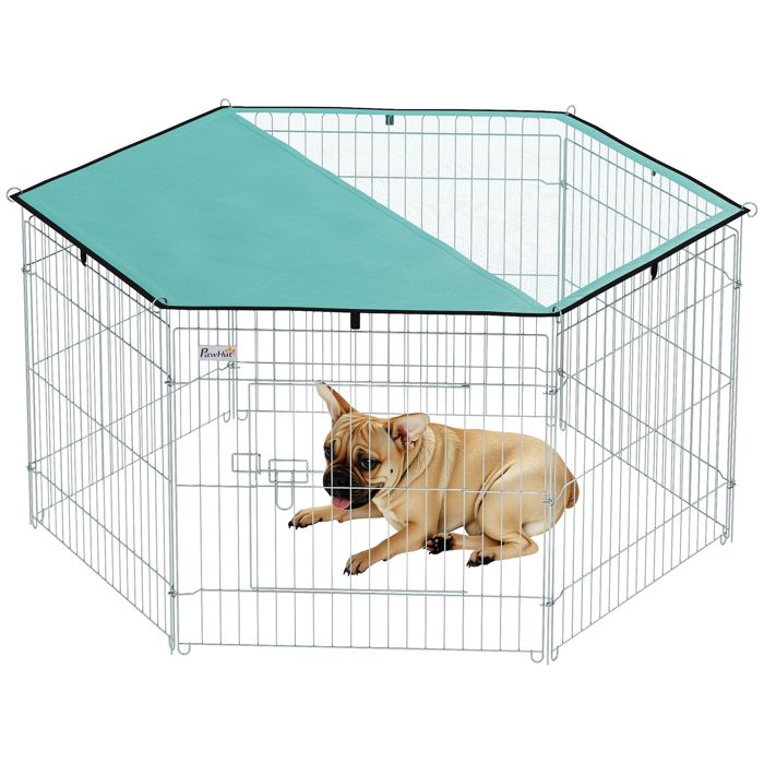 Parc pour chien - PawHut - enclos 6 panneaux avec toit modulable pliable portable - métal - hauteur 60 cm - argent vert