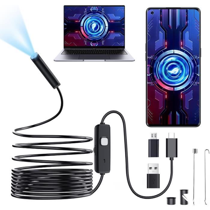 Caméra Endoscopique Serpent 5m - Type C/USB/Android, 6 LED Réglables, IP67 - Pour Smartphone Et PC