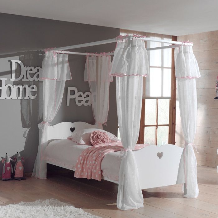 Lit baldaquin enfant AMORI - 90x200 cm - Pin massif et MDF - Laqué blanc