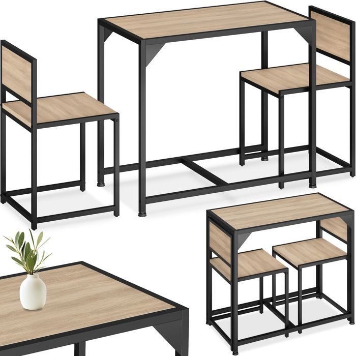 Ensemble table et chaises - TECTAKE - Ensemble de dîner MILTON style industriel 2 chaises et 1 table bois et acier - Bois clair