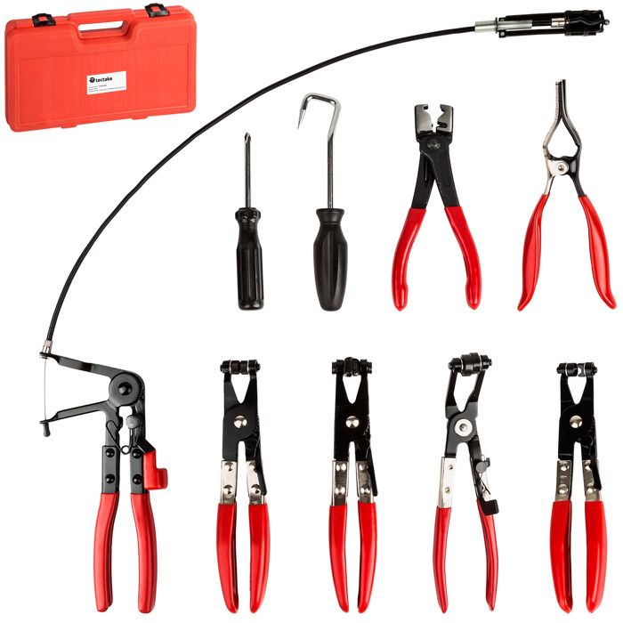 TECTAKE Jeu d'outils pour pinces à colliers de serrage pour le montage et le démontage de colliers de serrage spéciaux Noir/Rouge