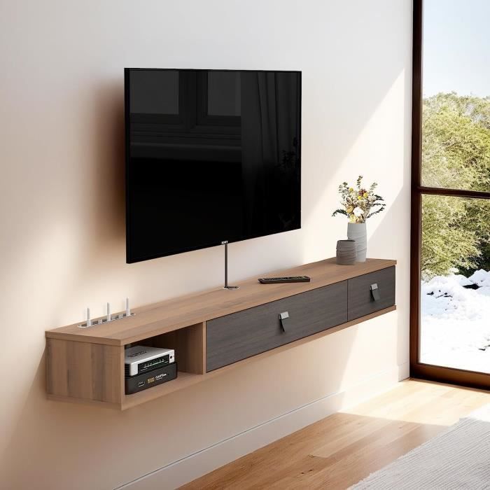 Meuble TV Rétro Flottant Bois - 180x31.6x29.1cm - Meuble TV Suspendu Aspect Bois