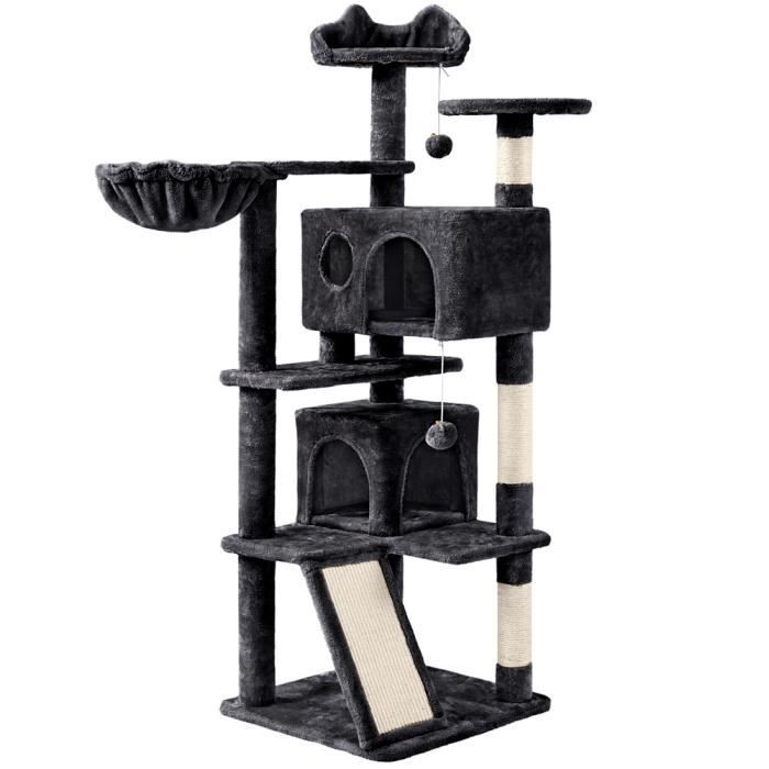Yaheetech Arbre à Chat Tour pour Chat avec Cachettes Panier Perchoirs Rampe Poteaux en Sisal Tour d'Escalade 145 cm Noir