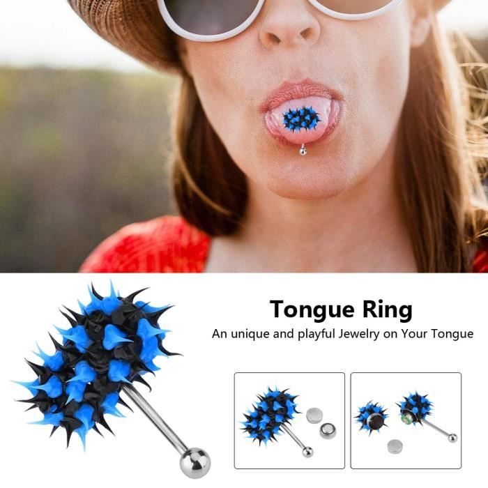 goujon de langue Anneau de langue vibrant Stud Barbell Bijoux de piercing en acier inoxydable (noir bleu) HB022