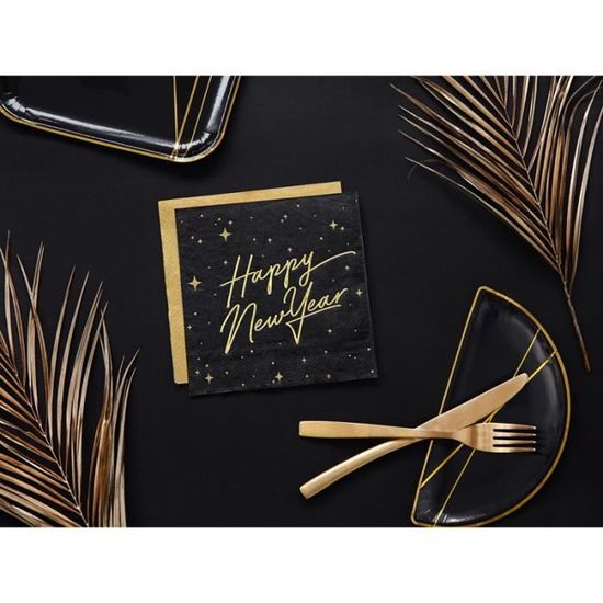 Serviettes Nouvel An 2026 - 40 Pièces Noir & Or - Motif Happy New Year - 33x33 Cm - Déco Table Fête