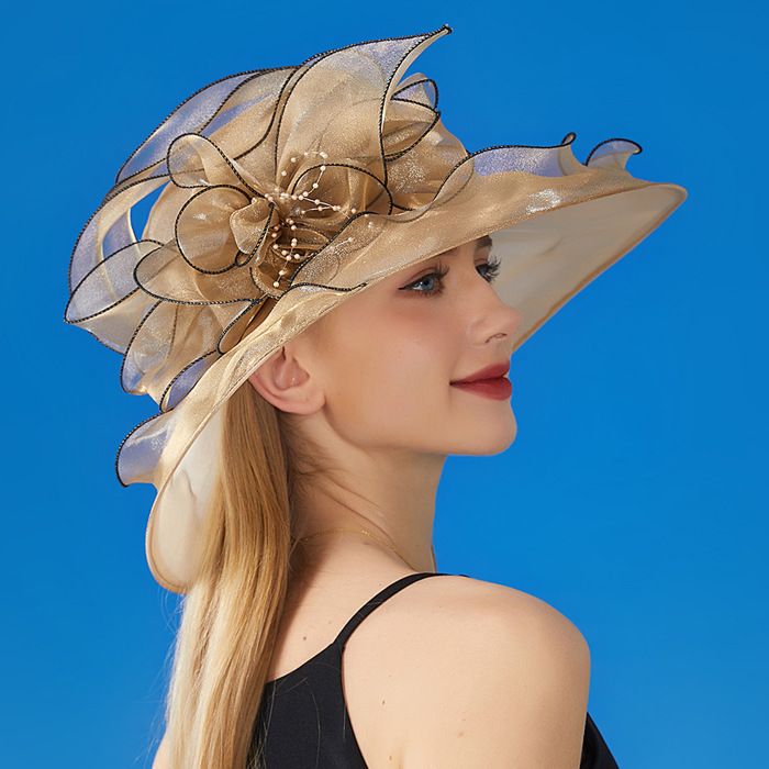 Chapeau De Soleil Femme En Organza Maille - Large Bord, Orné De Fleurs & Plumes - Taille Unique - Neuf Avec étiquettes