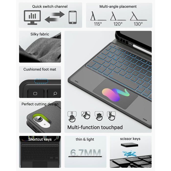 Étui Clavier Rétroéclairé Pour IPad 11e/10e Génération (2025/2022) - Clavier Espagnol Amovible, Rotation 360°, Rose - 10