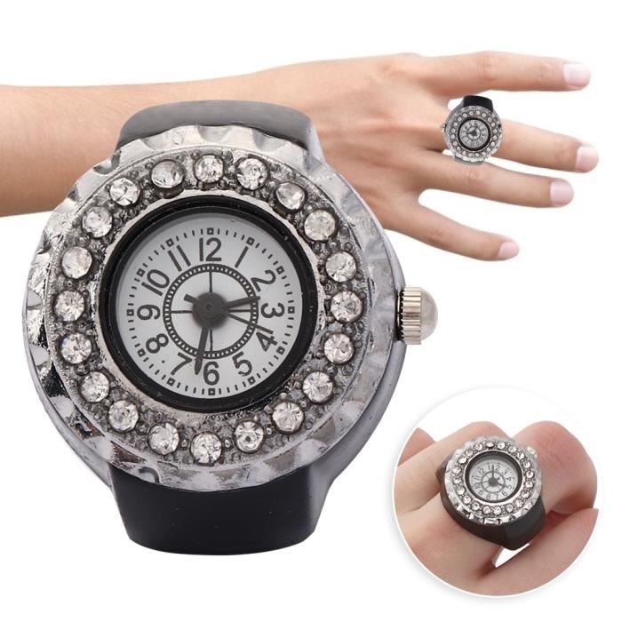 Bague montre doigt brillant strass décoration Quartz Bague montre pour les  femmes (Noir)