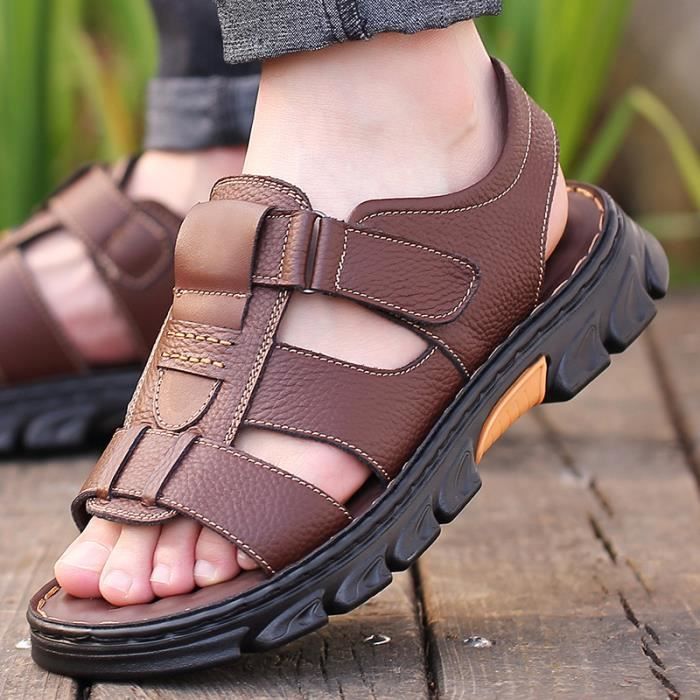 Sandale Homme Cuir Double Usage Plat Marron G458 Marron Cdiscount Chaussures