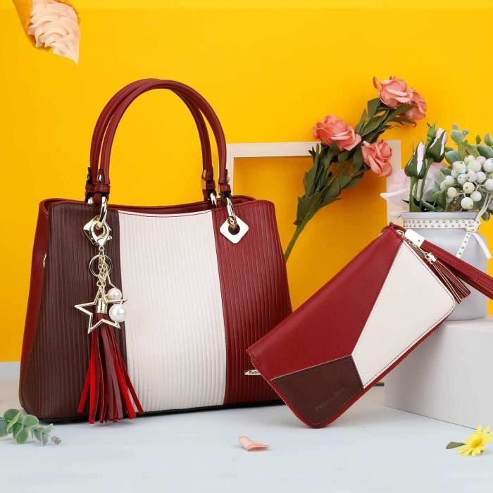 Pomelo Best Sac a Main Femme en PU Cuir frange avec bandouliere ajustable Rouge fonce L Cdiscount Bagagerie Maroquinerie